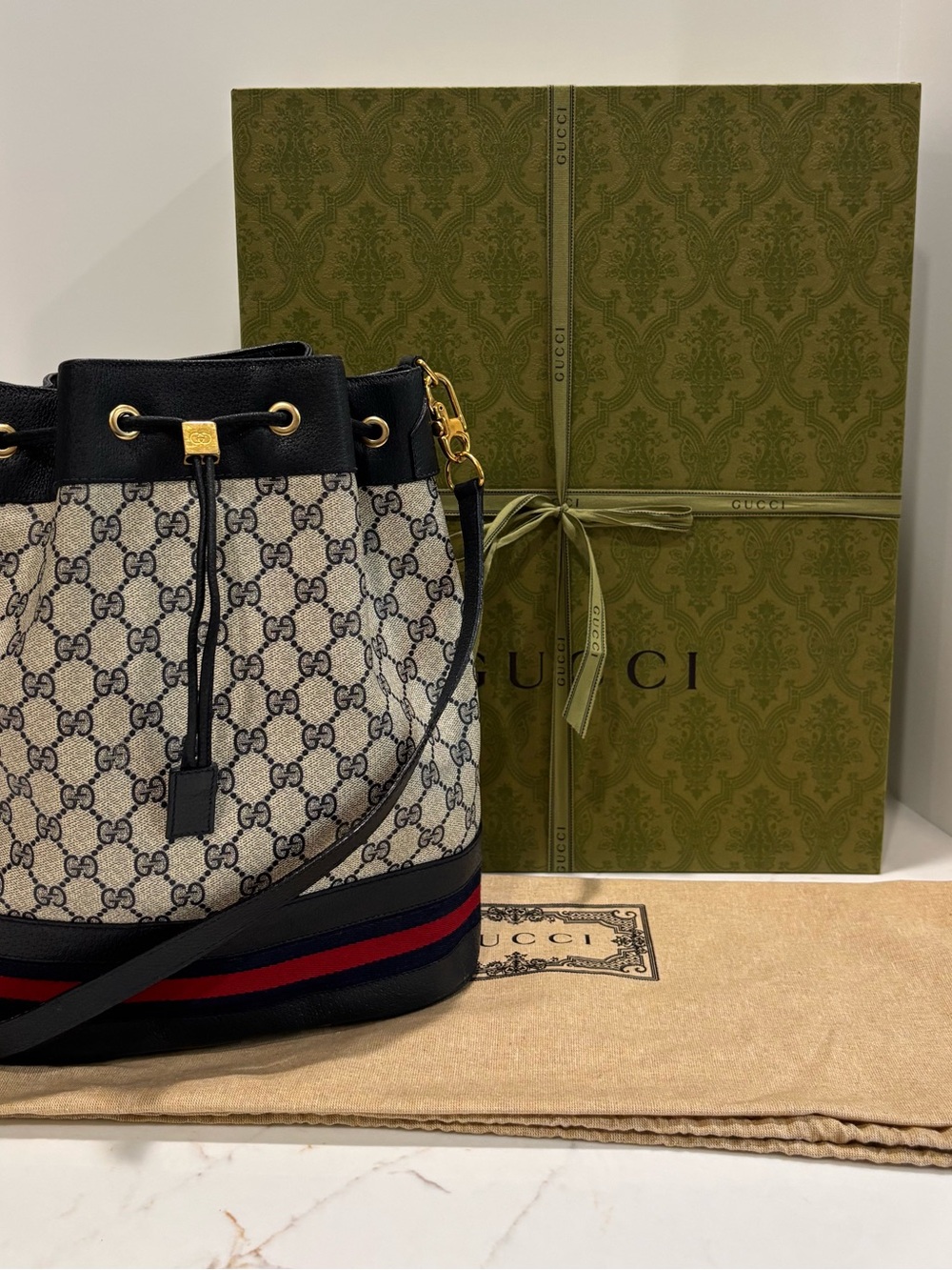 Vintage Gucci Ophidia GG Supreme Navy Blue Web Stripe Bucket Bag Crossbody